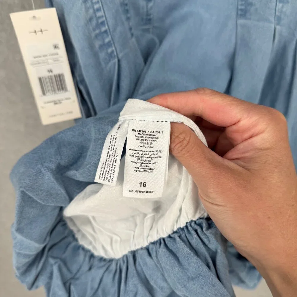 Habitual Girl Chambray Bubble Hem Dress Size 16 Button Front Puff Sleeve NEW